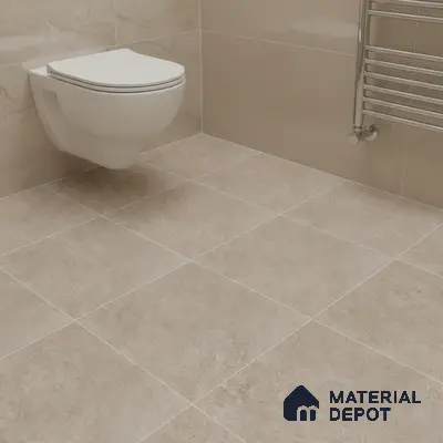Modern bathroom with beige stone-look wall and floor tiles