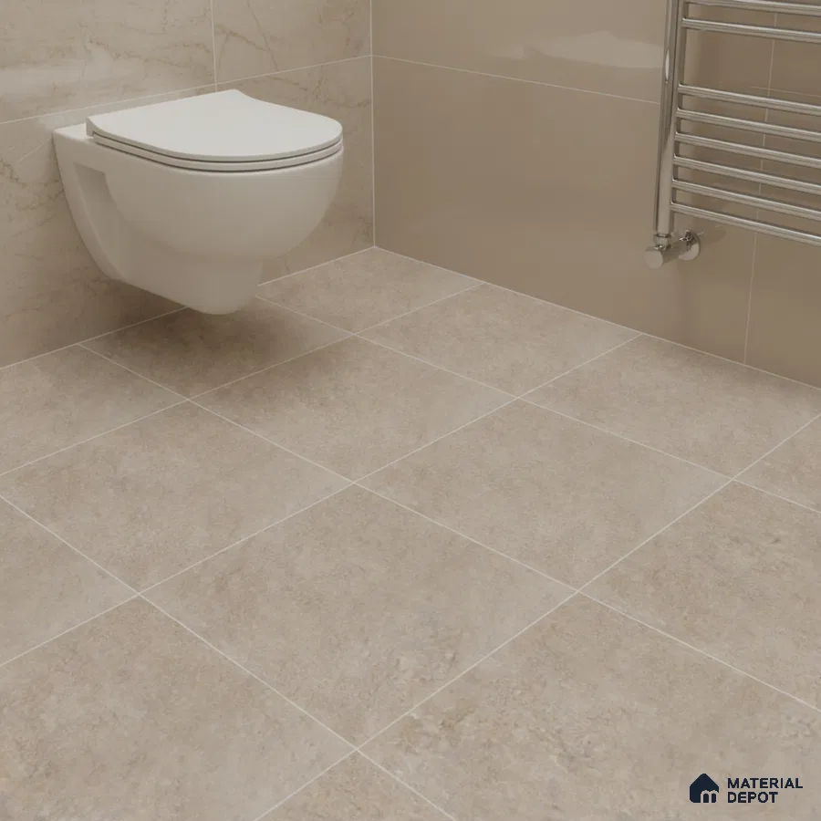 Modern bathroom with beige stone-look wall and floor tiles