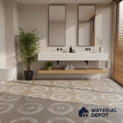 Minimalist bathroom with marble-look countertop and beige patterned floor tiles