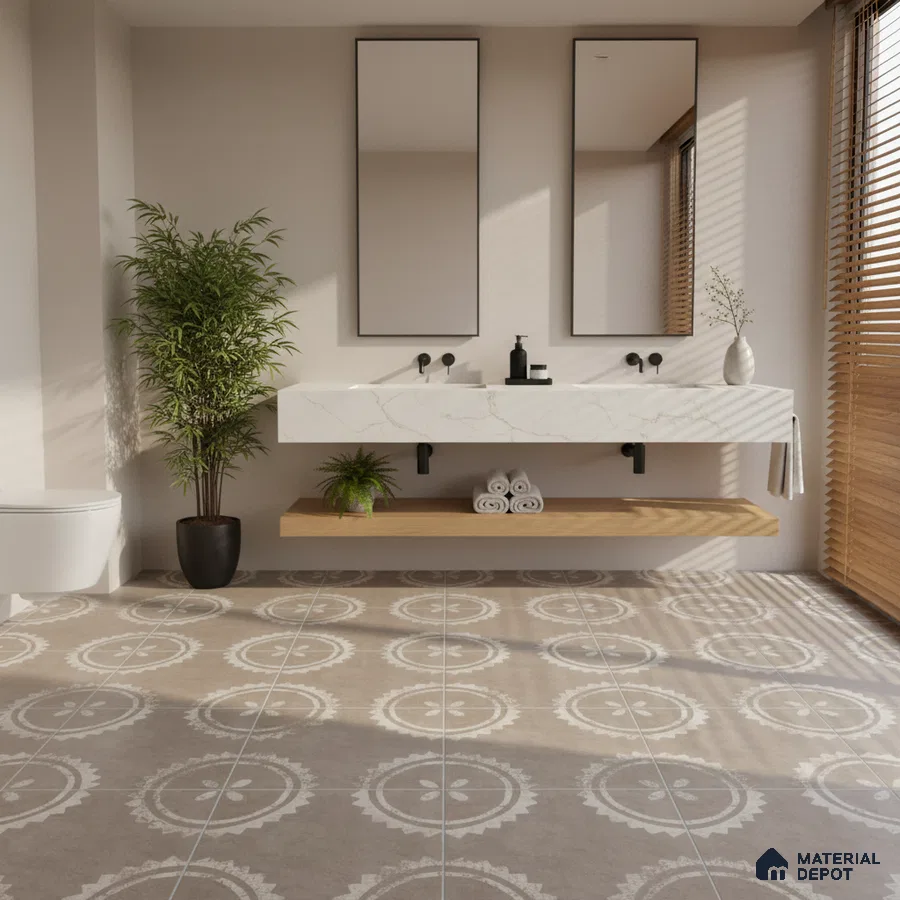 Minimalist bathroom with marble-look countertop and beige patterned floor tiles
