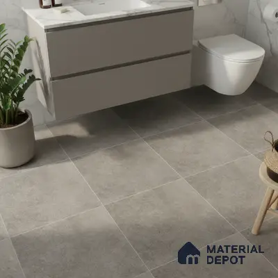 Modern bathroom with grey stone floor tiles and marble-look wall tiles
