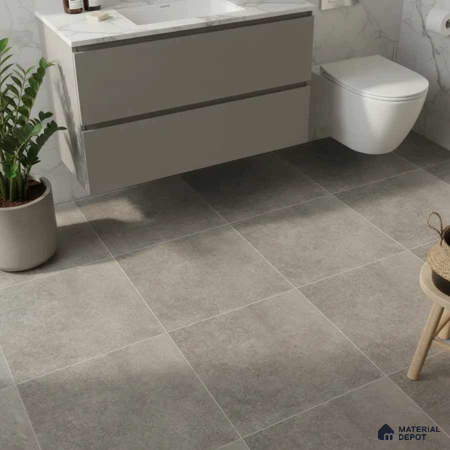 Modern bathroom with grey stone floor tiles and marble-look wall tiles