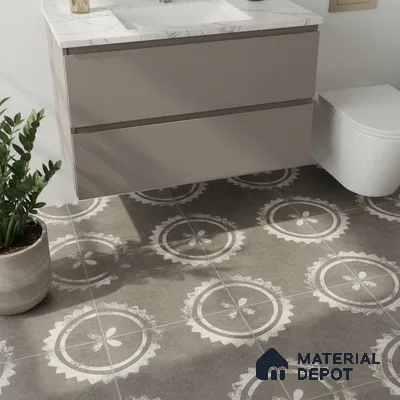 Modern bathroom with taupe floating vanity, white marble countertop, and grey patterned floor tiles