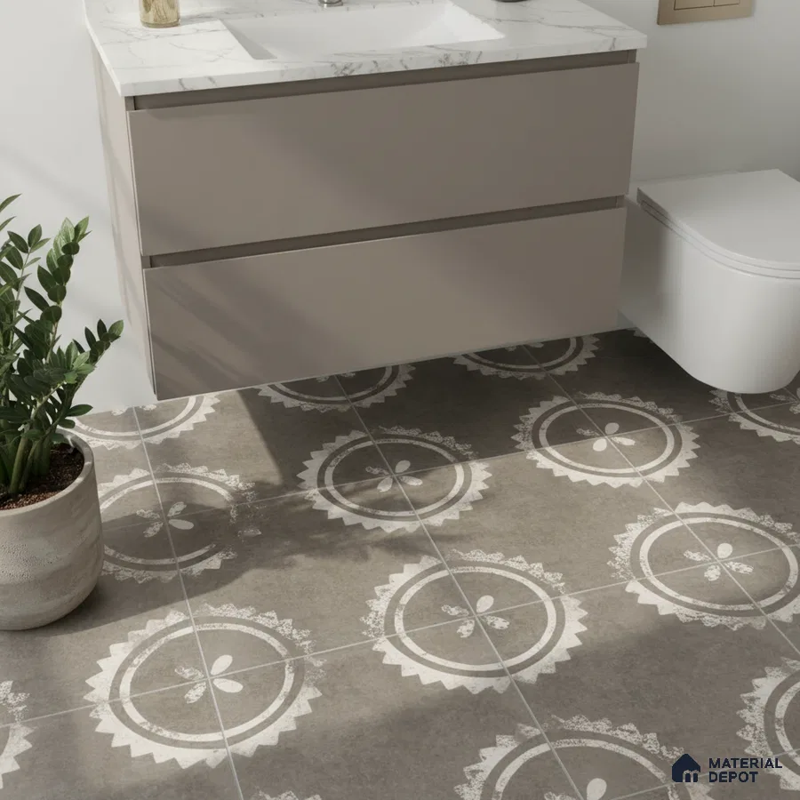 Modern bathroom with taupe floating vanity, white marble countertop, and grey patterned floor tiles