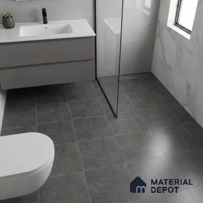 Modern bathroom with grey matte floor tiles and marble-look wall tiles