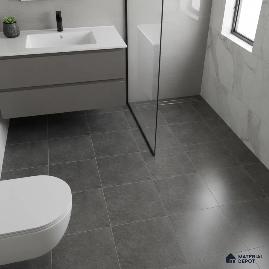 Modern bathroom with grey matte floor tiles and marble-look wall tiles