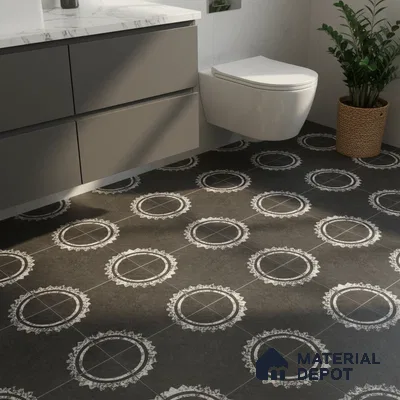 Modern bathroom with grey matte vanity, white marble countertop, and black patterned floor tiles