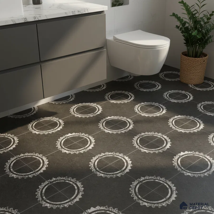 Modern bathroom with grey matte vanity, white marble countertop, and black patterned floor tiles
