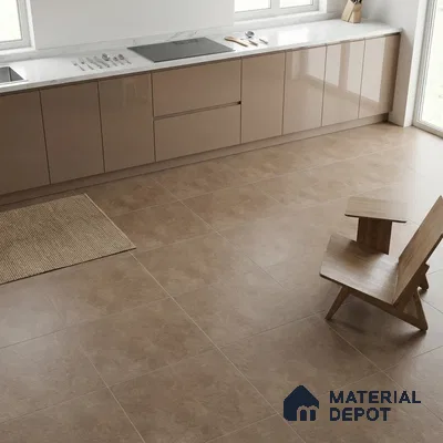 Minimalist kitchen with glossy beige laminate cabinets, white marble countertop, and matte brown floor tiles