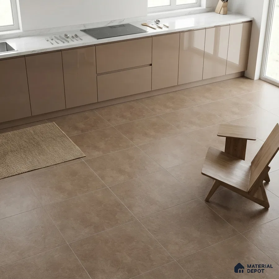 Minimalist kitchen with glossy beige laminate cabinets, white marble countertop, and matte brown floor tiles