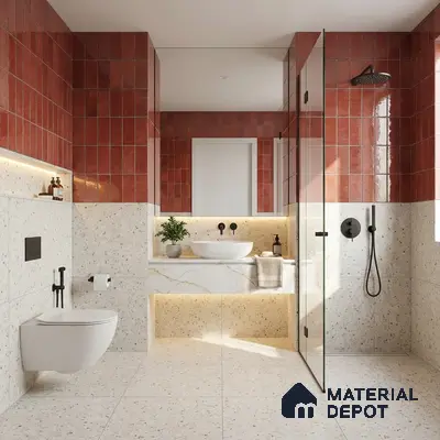 Modern kitchen with terracotta square backsplash tiles, brown laminate cabinets, and white marble-look countertop