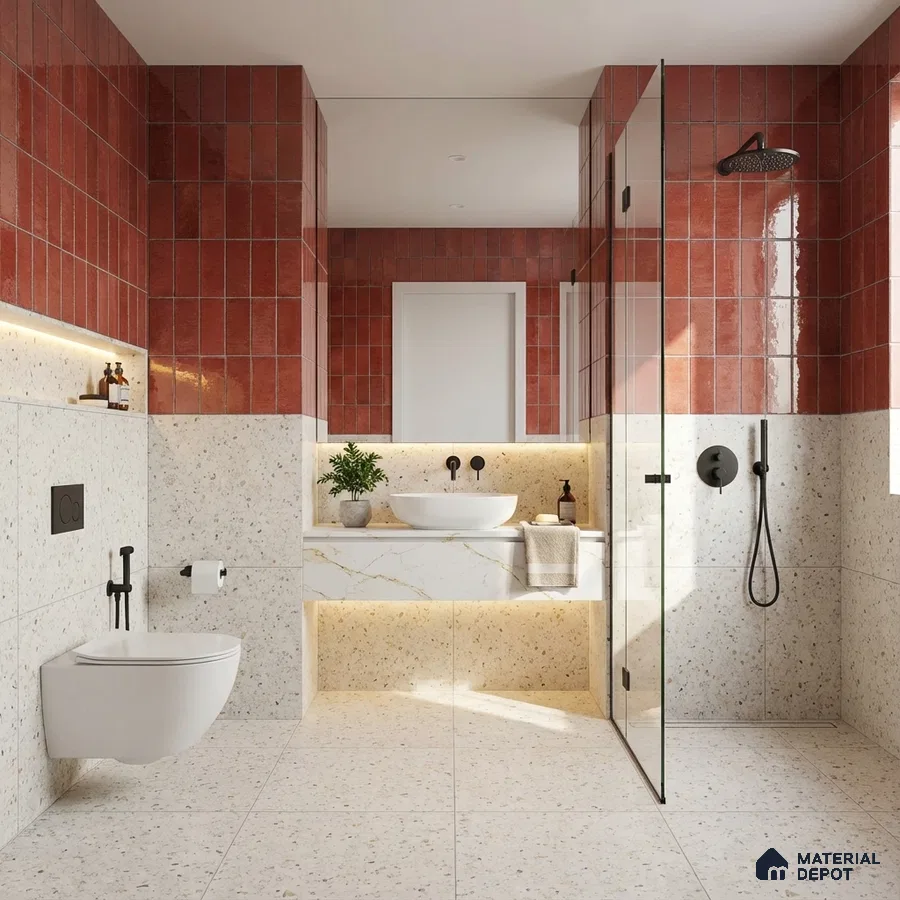 Modern kitchen with terracotta square backsplash tiles, brown laminate cabinets, and white marble-look countertop