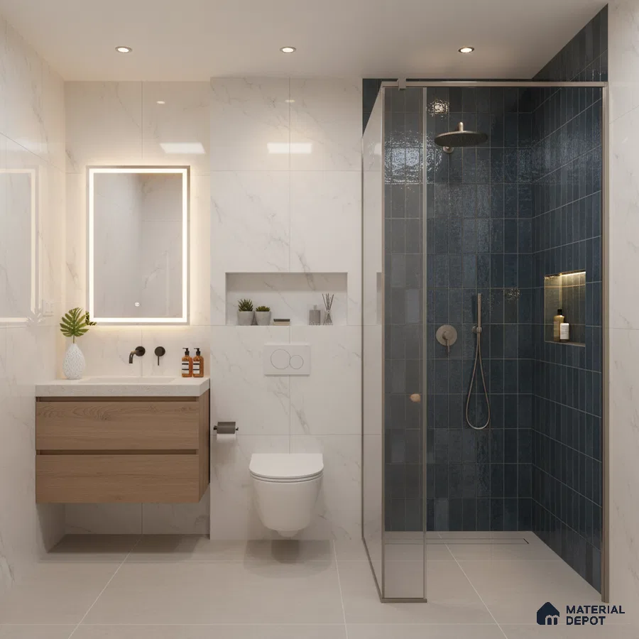 Modern bathroom with blue subway shower tiles, marble-look wall tiles, and floating wood vanity