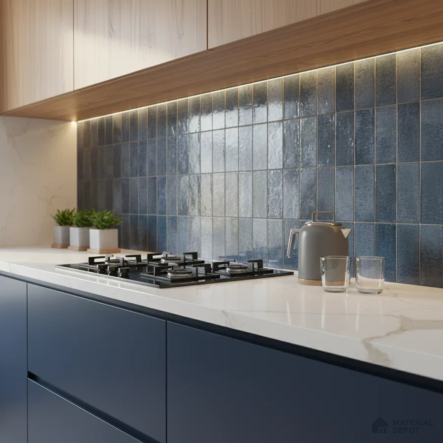 Modern kitchen with navy blue laminate, white marble countertop, and glossy blue subway backsplash tiles