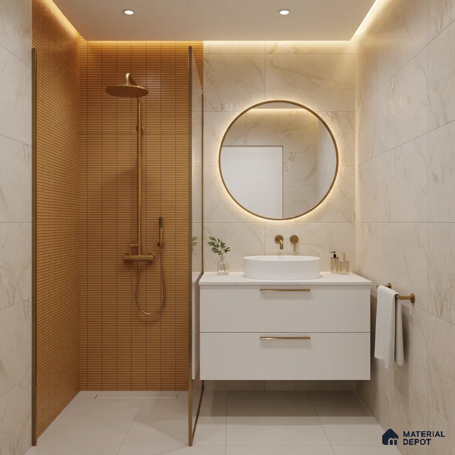 Modern bathroom with beige marble wall tiles, terracotta kitkat shower wall tile, and floating white vanity
