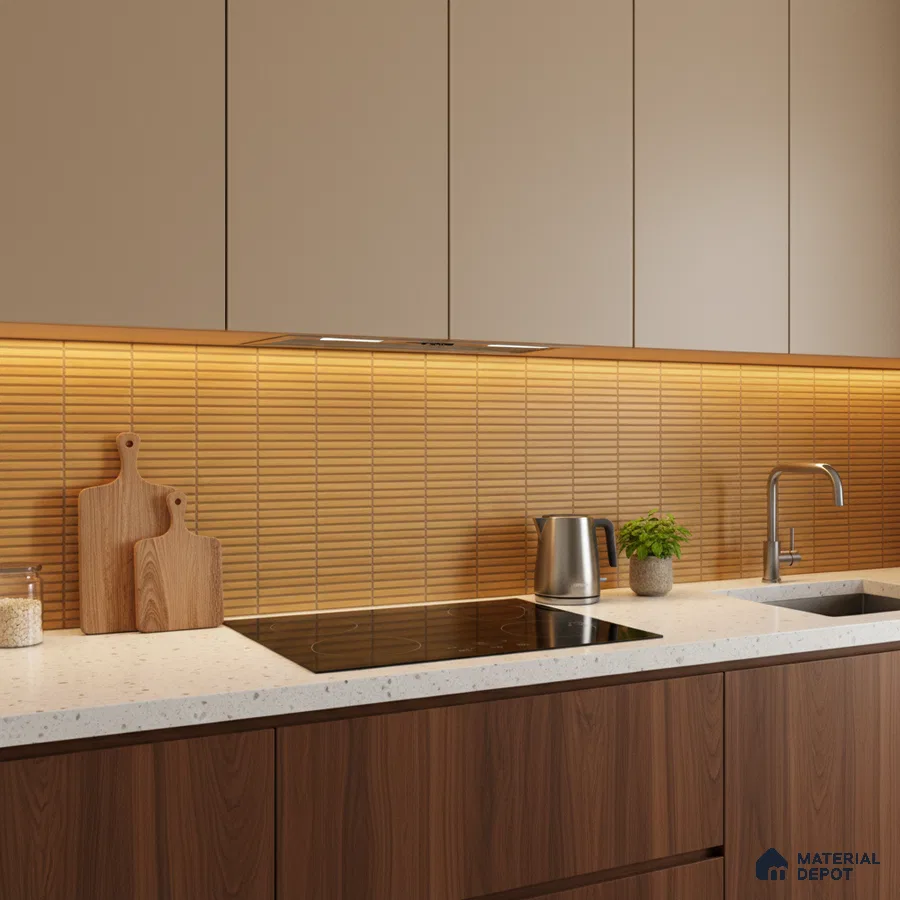 Modern kitchen with beige laminate cabinets, walnut wood base, and mustard kitkat backsplash tiles
