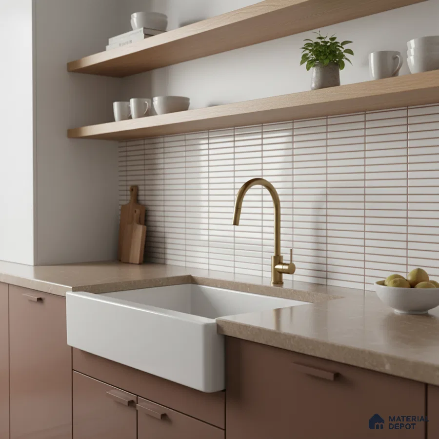 Modern kitchen with taupe laminate cabinets, beige quartz countertop, and white kitkat subway backsplash tile