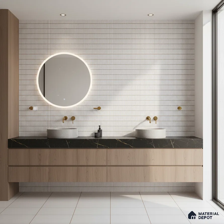 Minimalist bathroom with white kitkat wall tiles, black quartz countertop, and light oak laminate vanity