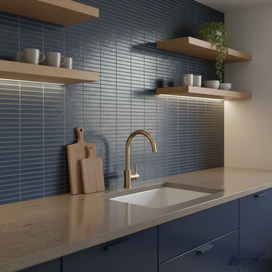 Modern kitchen with navy blue kitkat backsplash tile, taupe quartz countertop, and matte blue laminate cabinets