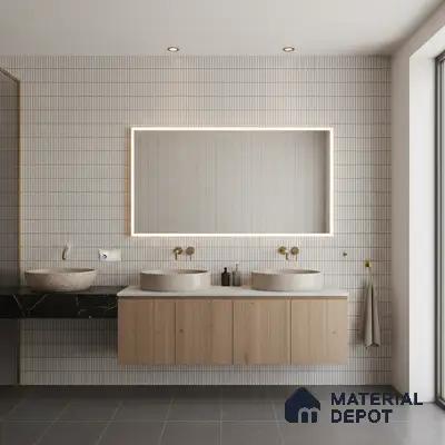 Minimalist bathroom with white kitkat wall tiles, light wood vanity, and grey floor tiles