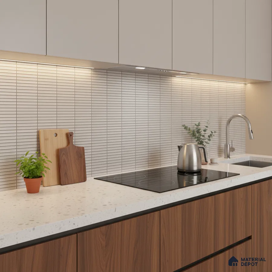Modern kitchen with walnut wood laminate, terrazzo white quartz countertop, and linear white backsplash tile