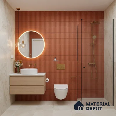 Modern bathroom with terracotta kitkat wall tiles and beige marble-look floor tiles