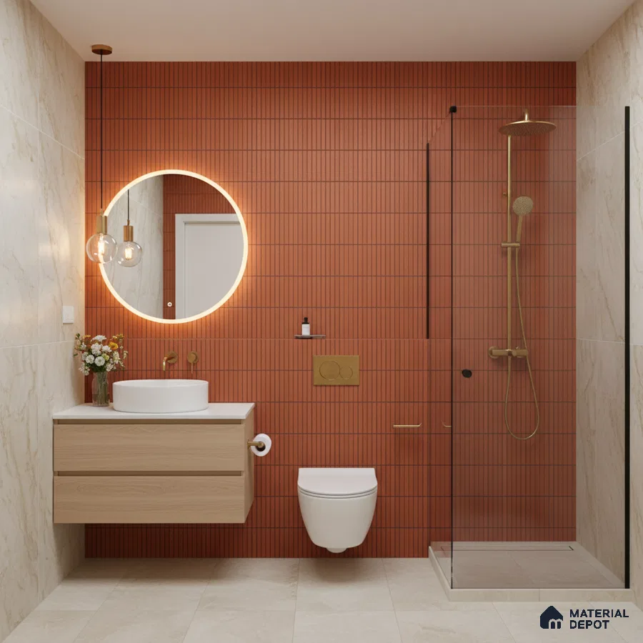 Modern bathroom with terracotta kitkat wall tiles and beige marble-look floor tiles