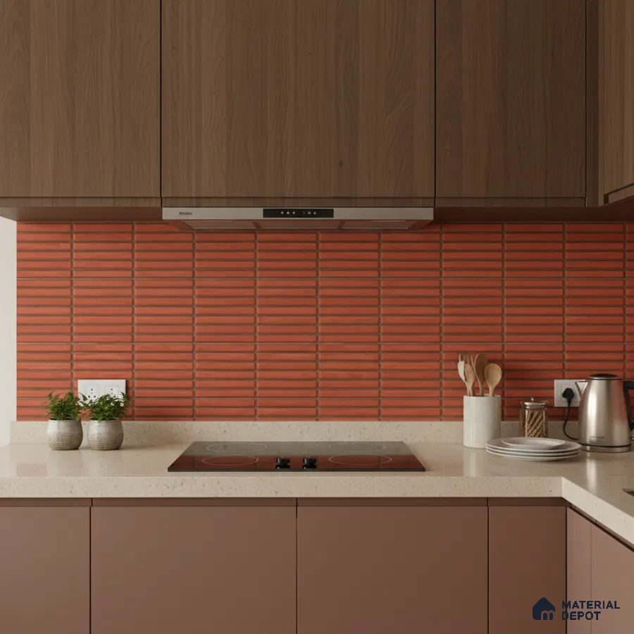 Modern kitchen with terracotta kitkat backsplash tile, walnut wood laminate, and beige quartz countertop