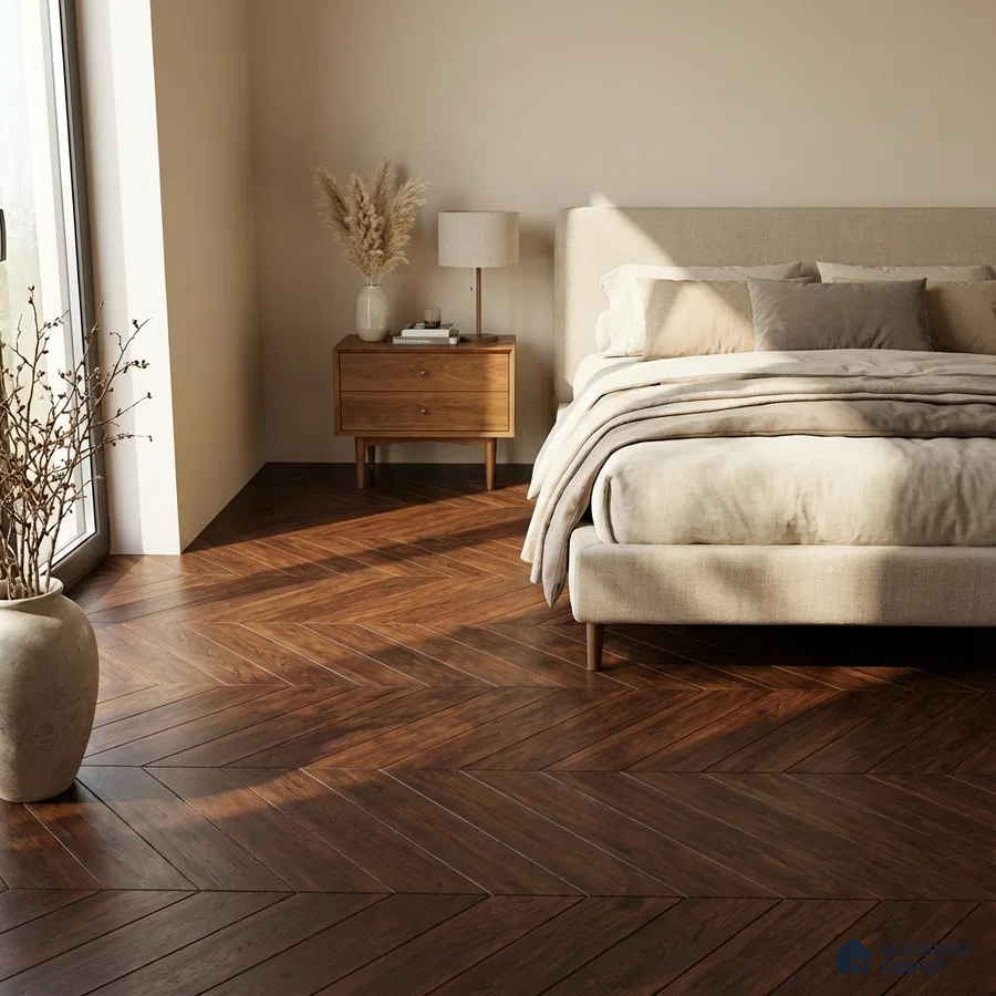 Scandinavian bedroom with herringbone walnut wood flooring and beige upholstered bed
