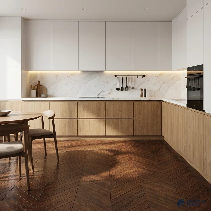 Scandinavian kitchen with white laminate cabinets, oak wood laminate base, marble backsplash, and herringbone wood flooring