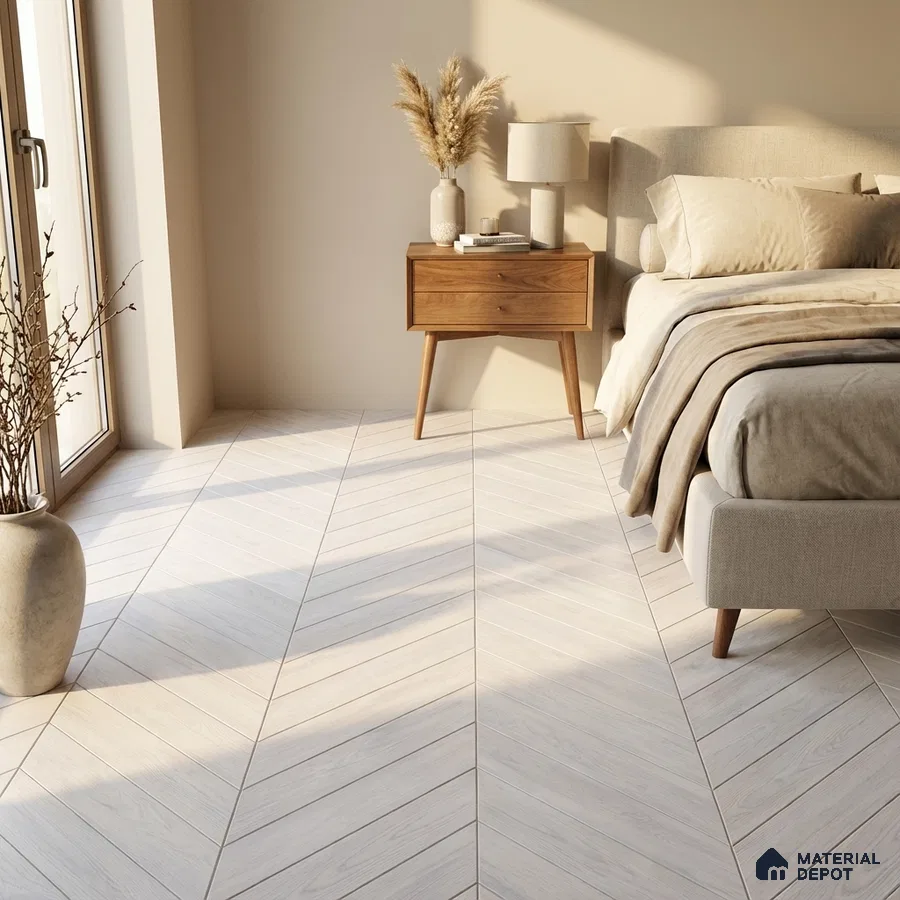 Scandinavian bedroom with light chevron wood-look floor tile and beige fabric upholstery