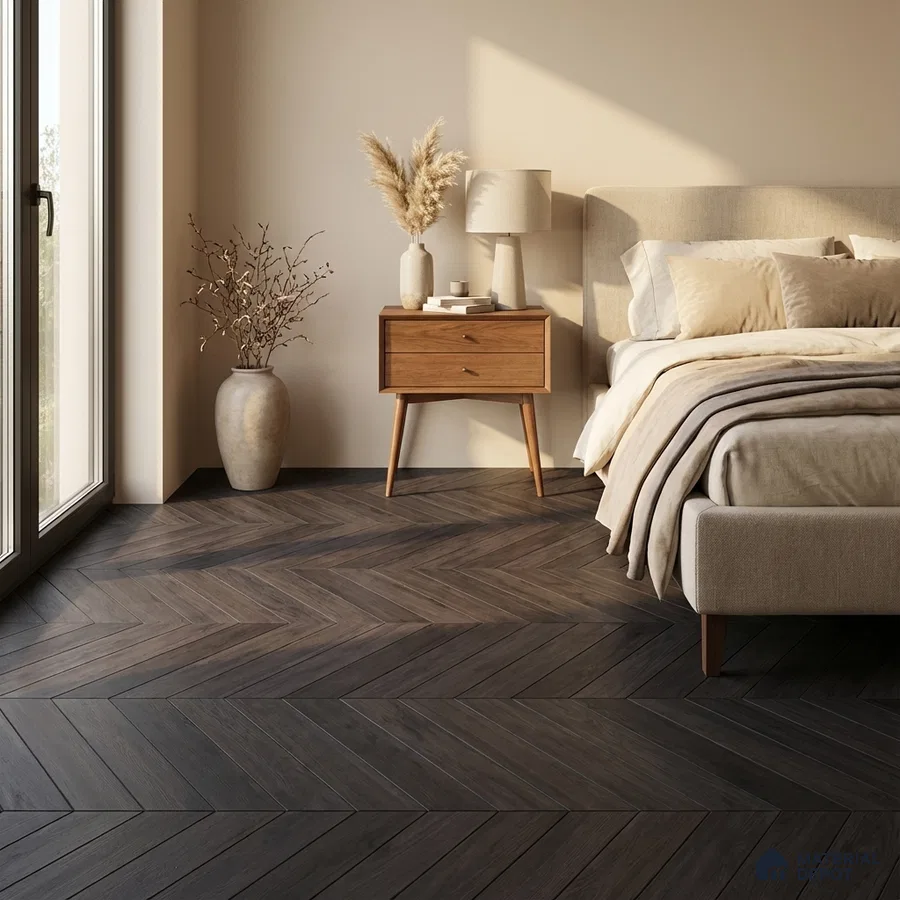 Mid-century modern bedroom with chevron dark wood flooring and beige fabric bed