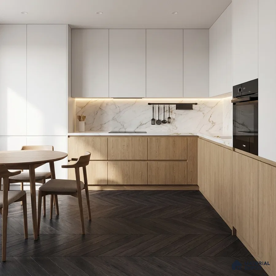 Scandinavian kitchen with white laminate cabinets, light oak wood laminate, marble backsplash, and dark herringbone wood flooring