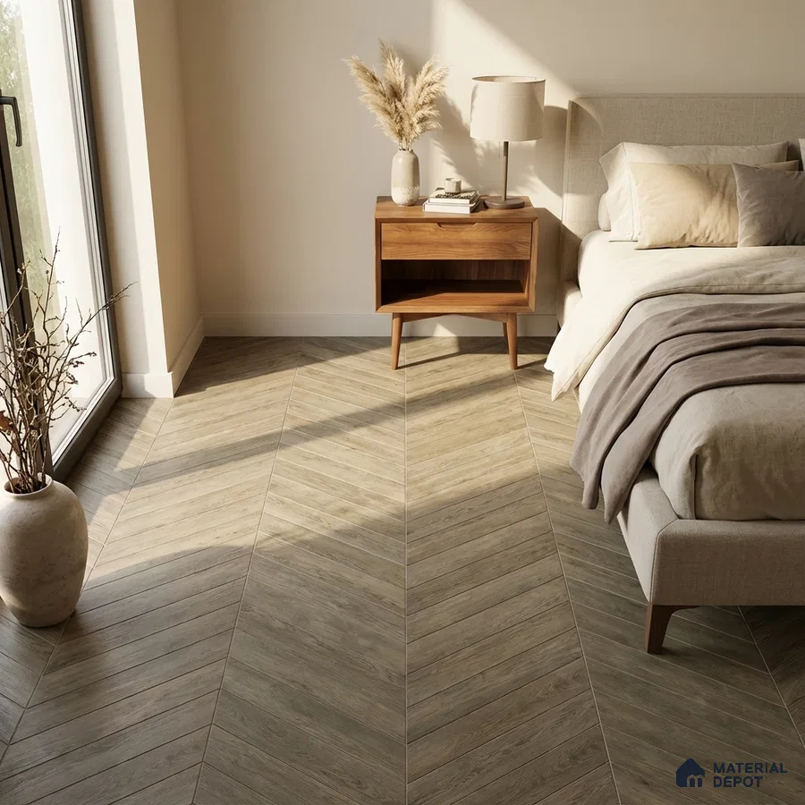 Scandinavian bedroom with chevron wood-look floor tile and natural oak nightstand