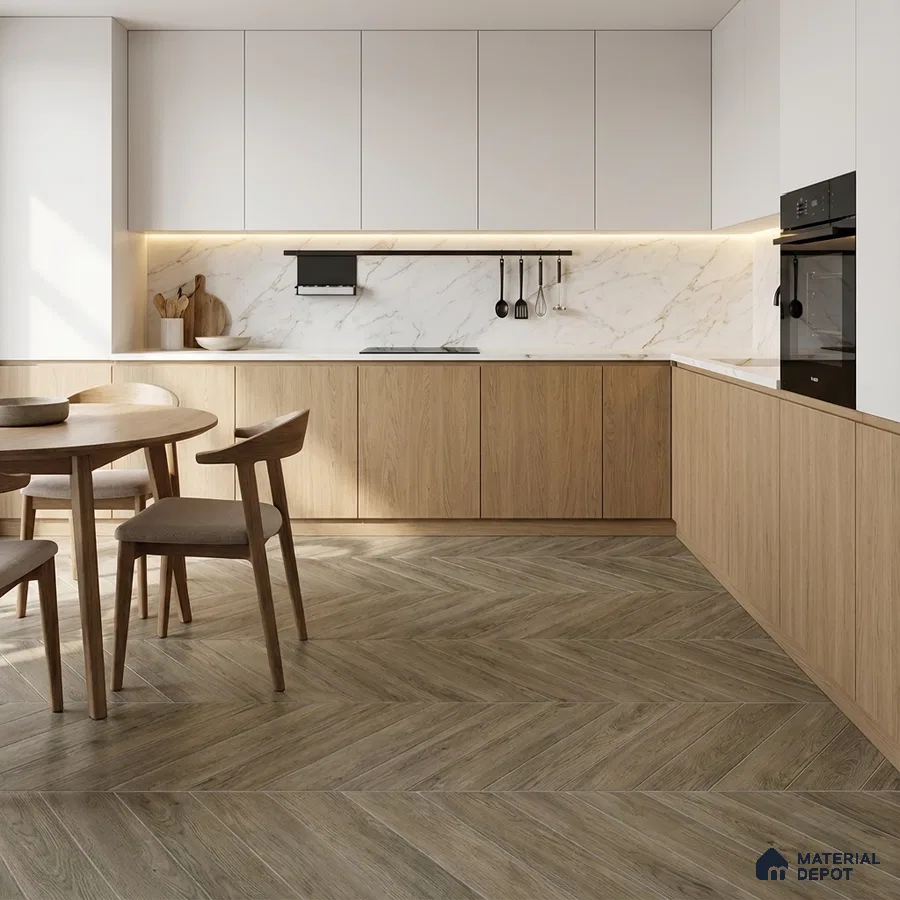 Scandinavian kitchen with oak wood laminate, white marble backsplash, and herringbone wood-look floor tile