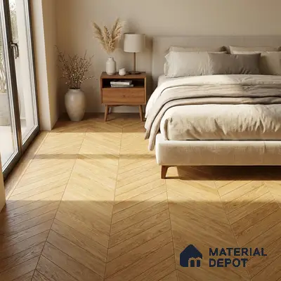 Scandinavian bedroom with chevron oak wood flooring and beige upholstered bed