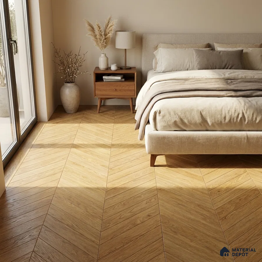 Scandinavian bedroom with chevron oak wood flooring and beige upholstered bed