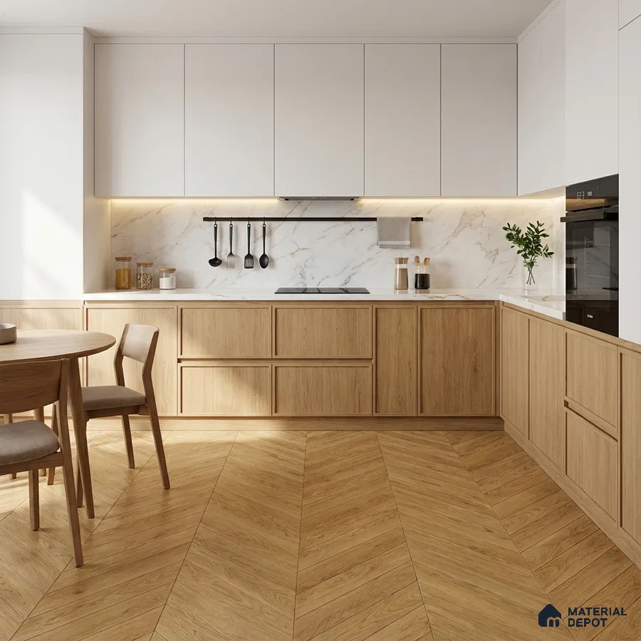 Scandinavian kitchen with oak wood laminate cabinets, white marble backsplash, and chevron wood flooring