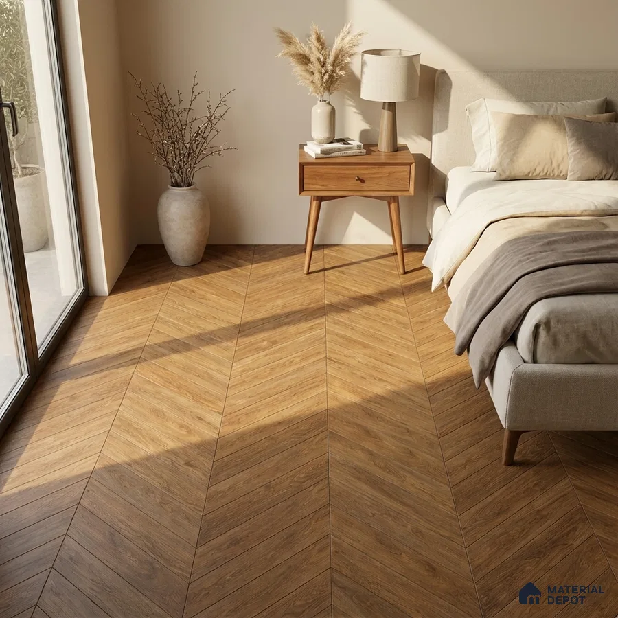 Scandinavian bedroom with chevron oak wood flooring and beige fabric bed