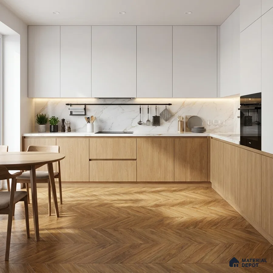 Scandinavian kitchen with white laminate cabinets, oak wood laminate base, marble backsplash, and herringbone wood flooring