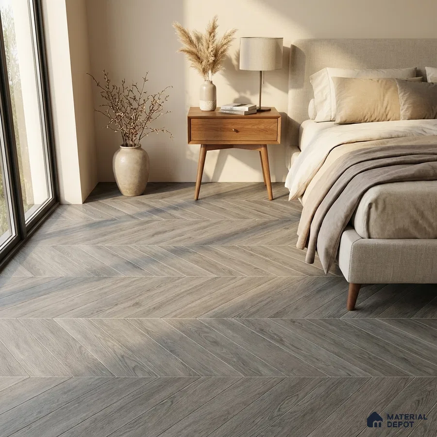 Scandinavian bedroom with grey chevron wood flooring and beige upholstered bed