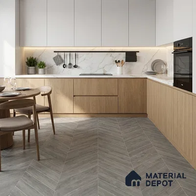 Scandinavian kitchen with oak wood laminate, white marble backsplash, and grey chevron floor tiles