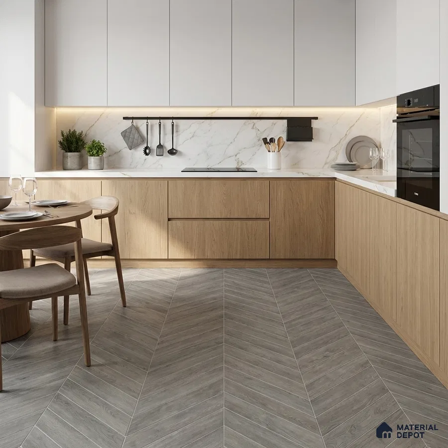Scandinavian kitchen with oak wood laminate, white marble backsplash, and grey chevron floor tiles
