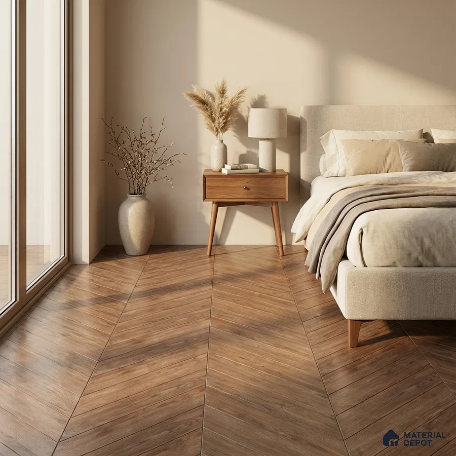 Scandinavian bedroom with chevron wood tile flooring and beige fabric bed