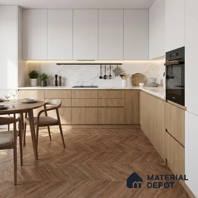 Scandinavian kitchen with oak wood laminate, white marble backsplash, and herringbone wooden floor tile