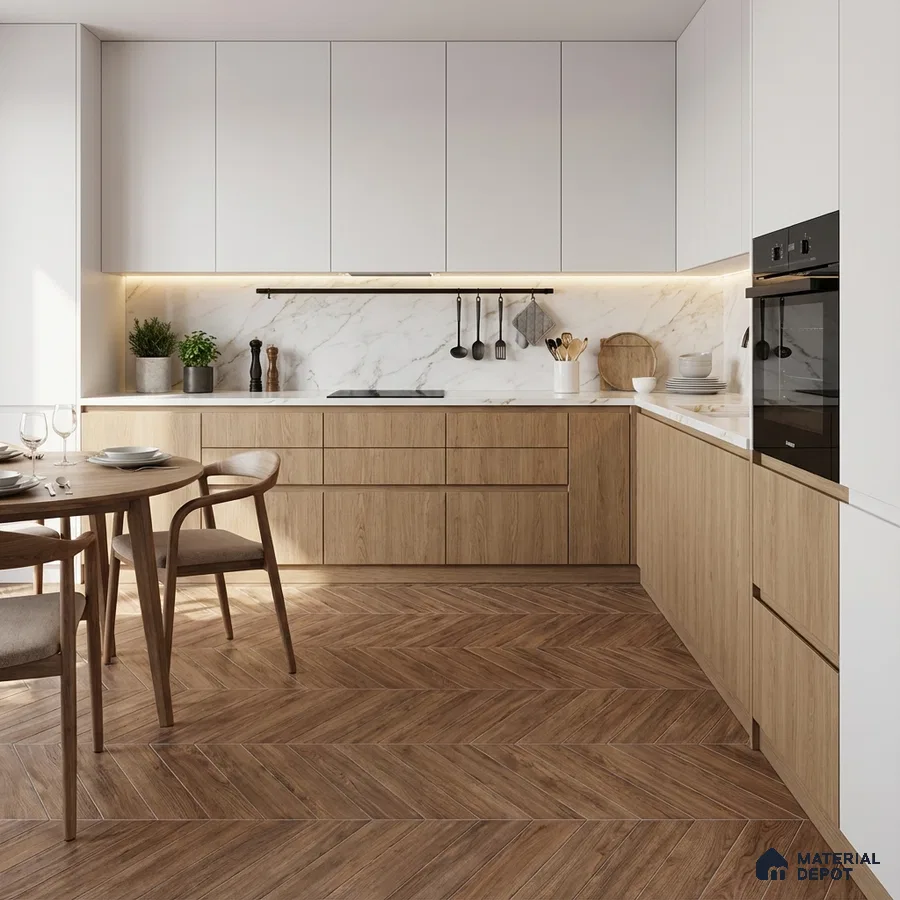 Scandinavian kitchen with oak wood laminate, white marble backsplash, and herringbone wooden floor tile
