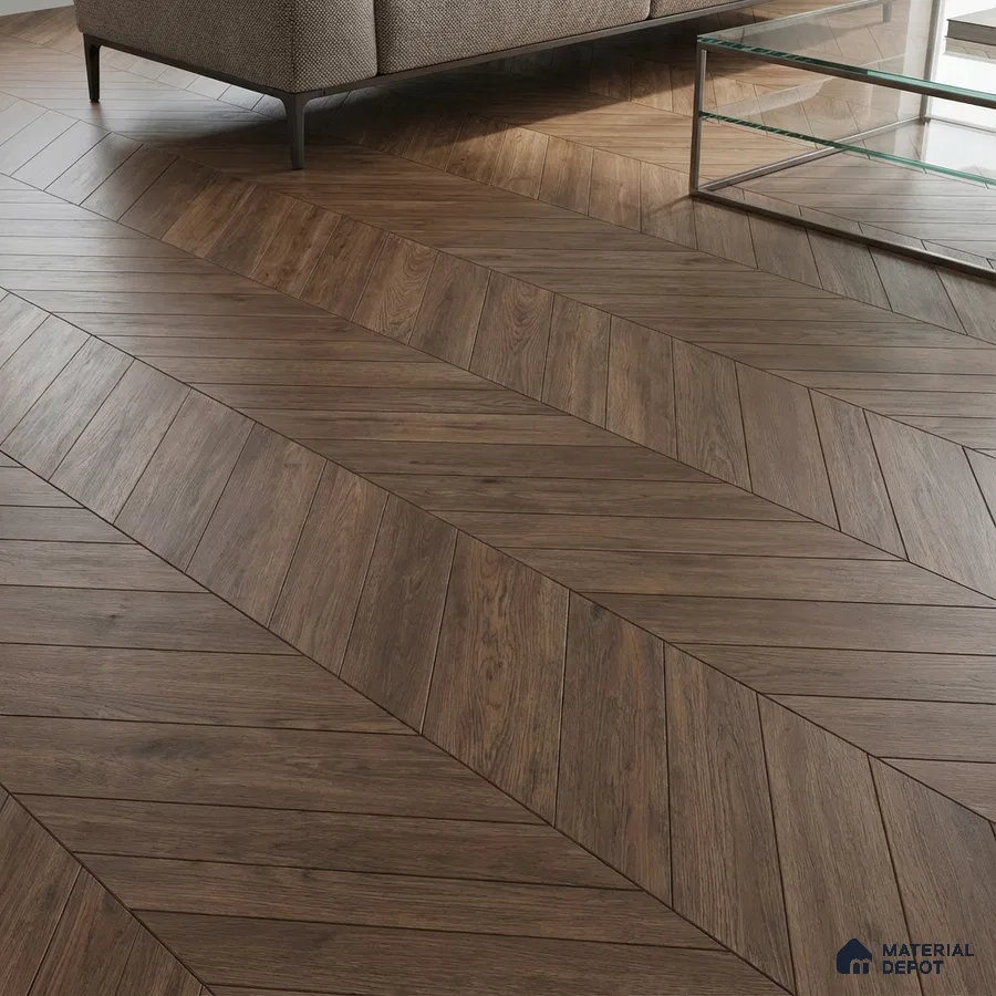 Modern living room with chevron pattern walnut brown wood flooring