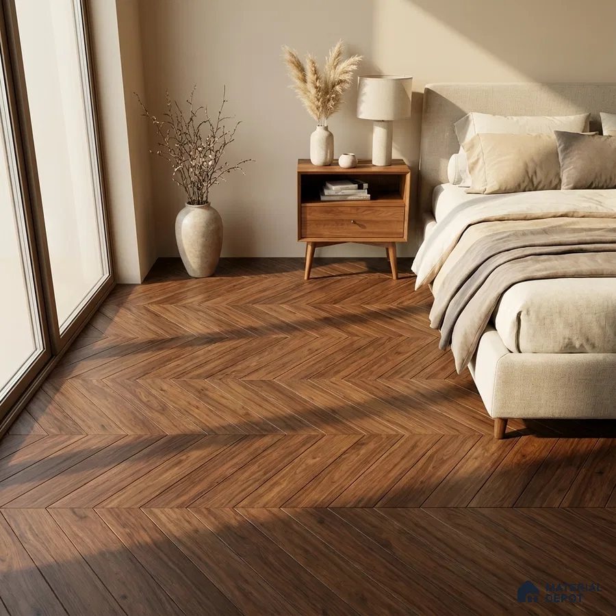 Scandinavian bedroom with walnut herringbone wooden flooring and beige upholstered bed