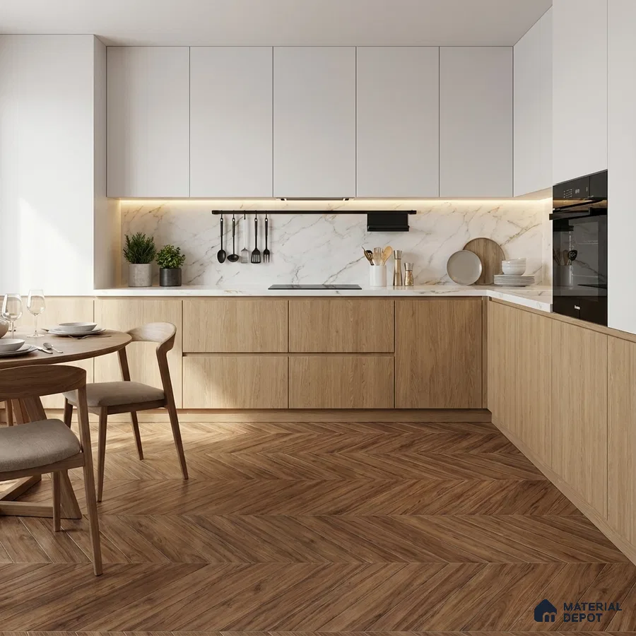 Scandinavian kitchen with oak wood laminate, white marble backsplash, and herringbone wood floor tile