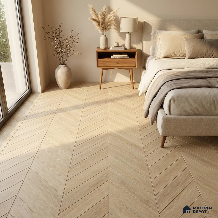 Scandinavian bedroom with light oak chevron wood flooring and beige upholstery